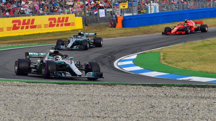 Lewis Hamilton, Valtteri Bottas y Kimi Raikkonen en el GP de Alemania de F1 2018. 