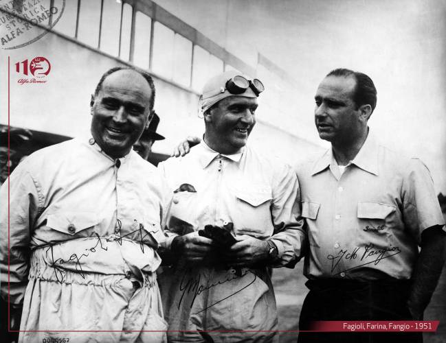 Fagioli, Farina y Fangio, en 1951.