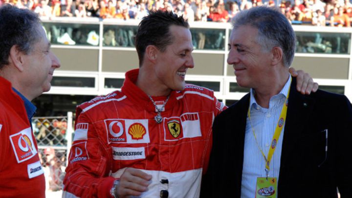 Piero Ferrari junto a Schumacher y Jean Todt en un GP de F1