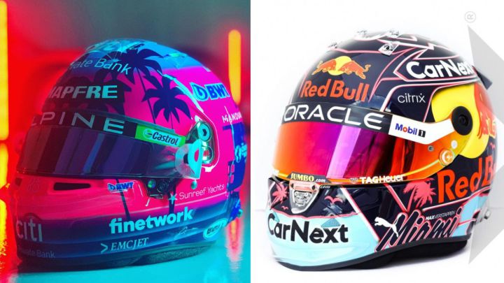 Los cascos de Alonso y Verstappen en Miami.