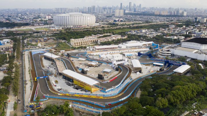 Vista aérea del circuito de Fórmula E en Yakarta.
