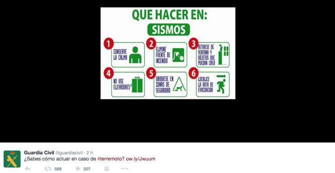 No es broma: la Guardia Civil compartió con este tuit las recomendaciones en caso de terremoto.
