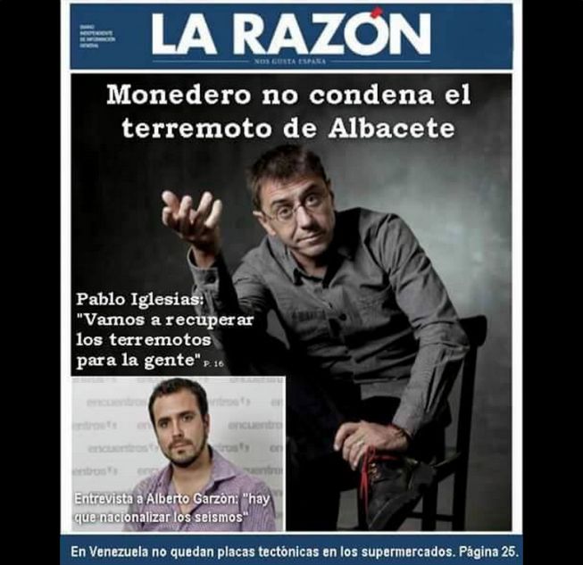 Una falsa portada de La Razón dice: Monedero no condena el terremoto de Albacete.