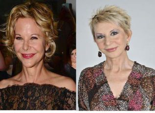 A decir por las dos imágenes, Meg Ryan y Karmele Marchante parecen compartir el gusto por el mismo tipo de vestido y por el mismo cirujano plástico.