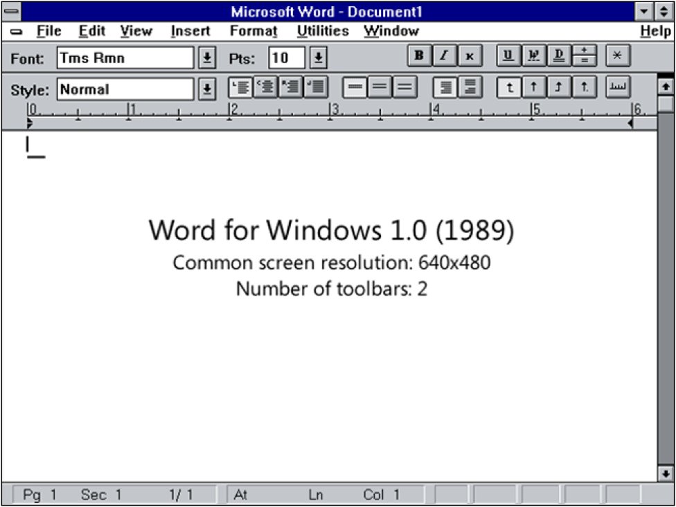 Así era la interface de Word en 1989. Funcionaba sobre la versión Windows 2.03 (lanzado en enero de 1988) que incluyó por primera vez ventanas que podían solaparse unas a otras.