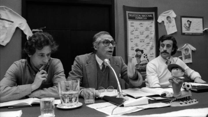 Alfonso Asunción, Cabrera Bazán y Del Bosque, en una asamblea de la AFE en 1982. 