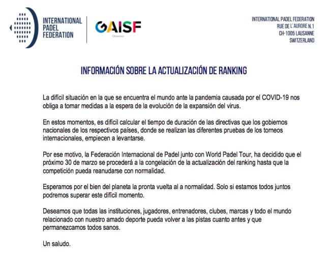 The statement issued by the FIP paralyzing the ranking for the coronavirus.