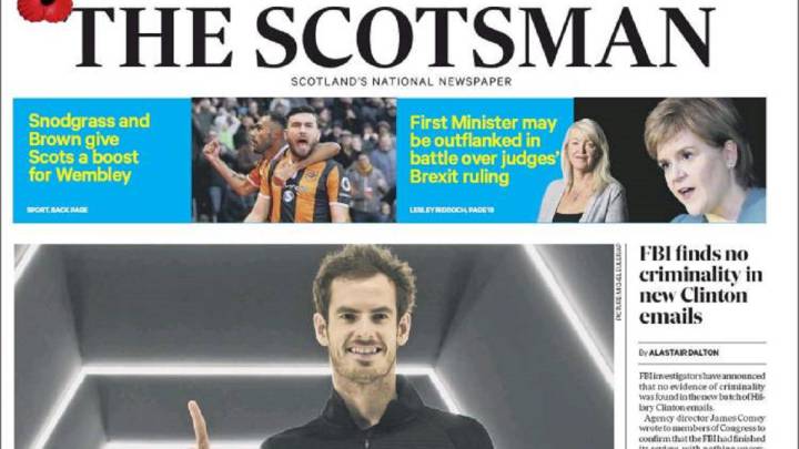 Portada de The Scotsman del 7 de noviembre de 2016 dedicada a Andy Murray tras su victoria ante John Isner en la final del Masters 1.000 de París-Bercy y coronarse como número 1 del mundo.