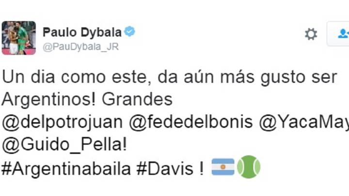 El jugador de la Juventus de Turín, Paulo Dybala, celebró en su cuenta de Twitter el título de Argentina en la final de la Copa Davis.