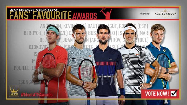 Juan Martín del Potro, Grigor Dimitrov, Novak Djokovic, Roger Federer y David Goffin son algunos de los aspirantes al título a mejor tenista del año para los aficionados.