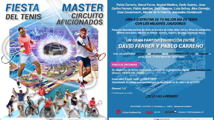 Cartel promocional de la Fiesta del Tenis, donde acudirán Pablo Carreño, David Ferrer o Carla Suárez, que se celebrará este 32 de diciembre en el Velódromo Luis Puig de Valencia.