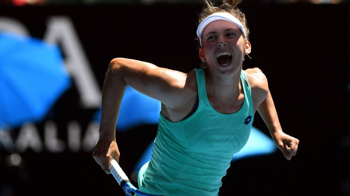 Elise Mertens celebra su victoria contra Elina Svitolina.