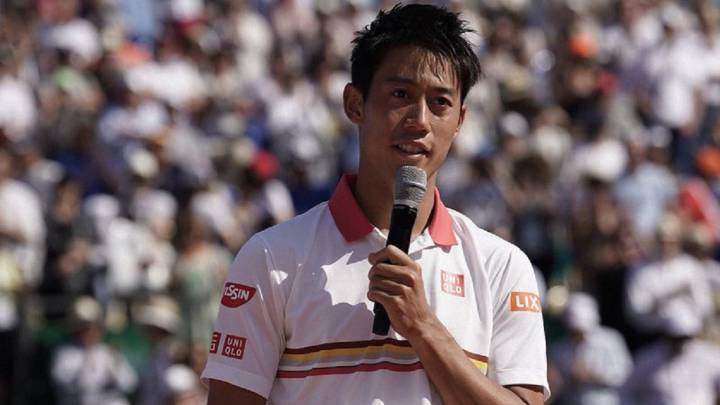 Kei Nishikori habla durante la entrega de premios del Masters 1.000 de Montecarlo, donde perdió en la final ante Rafa Nadal.