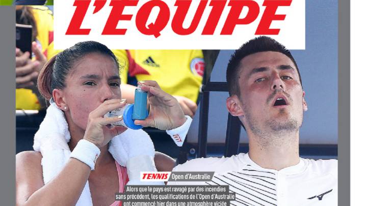 Portada de L'Équipe del miércoles 14 de enero de 2020 sobre los problemas que el humo de los incendios causó a los tenistas en la previa del Open de Australia.