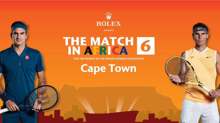 Cartel promocional del The Match in Africa, una exhibición de tenis en la que se medirán Roger Federer y Rafa Nadal.