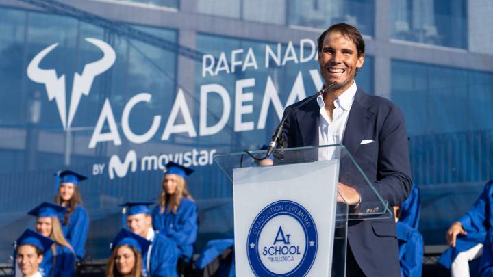 Rafa Nadal, durante el acto de graduación de la tercera promoción de la Rafa Nadal Academy by Movistar.