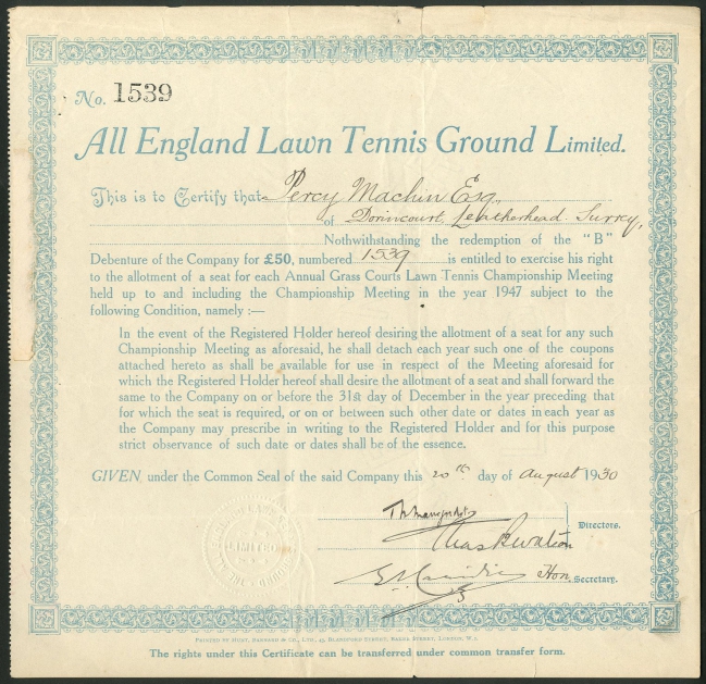 Abono del All England Lawn Tennis Ground Ltd., emitido el 20 de agosto de 1930.