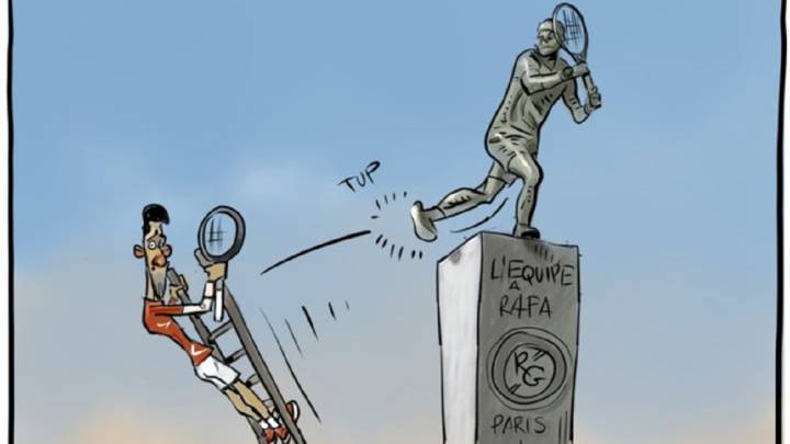 Ilustración de Marselle sobre la final de Roland Garros y como Rafa Nadal evita el asalto a su 'estatua' en Roland Garros por parte de Novak Djokovic.