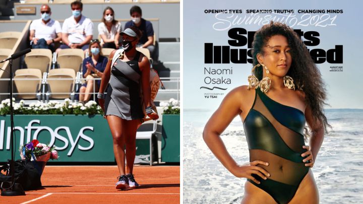 Naomi Osaka, tras un partido en Roland Garros 2021 y como portada de la edición de prendas de baño de Sports Illustrated.