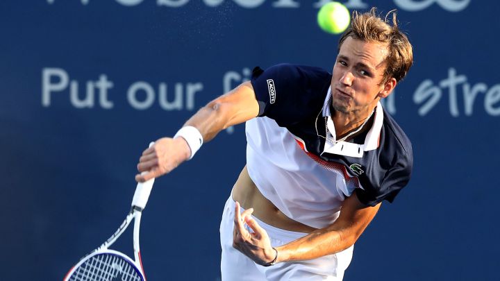 Daniil Medvedev serves during his match against Andrey Rublev at the Western and Southern Open, the Cincinnati Masters 1,000, at the Lindner Family Tennis Center in Mason, Ohio.