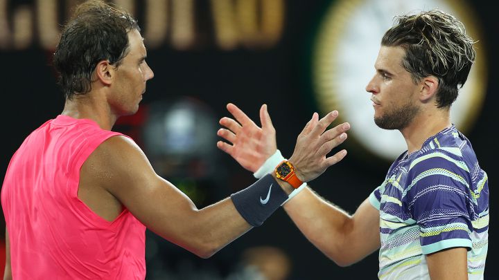 Dominic Thiem and Rafa Nadal greet each other after their 2020 Australian Open quarter-final match, with victory for the Austrian.