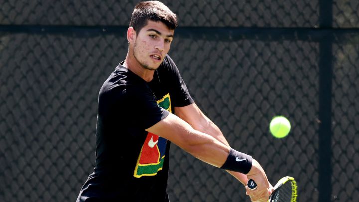 Carlos Alcaraz hits the ball during pre-tournament training for the Winston-Salem Open at the Wake Forest Tennis Complex in Winston Salem, North Carolina.