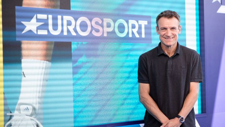 Former Swedish tennis player Mats Wilander poses in front of the Eurosport logo, a network for which he works as a commentator.
