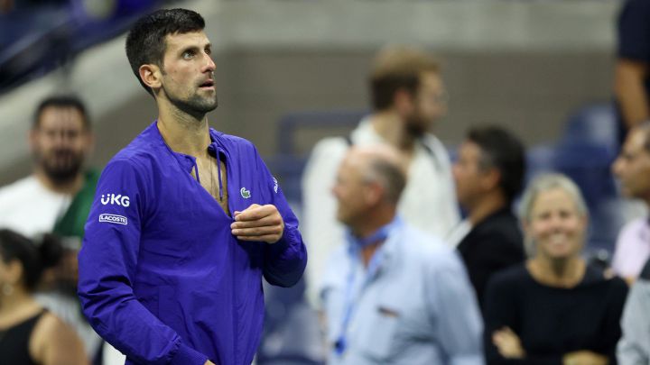 Novak Djokovic prepares for the interview on the court after beating Matteo Berrettini in the quarterfinals of the US Open at the USTA Billie Jean King National Tennis Center in New York.