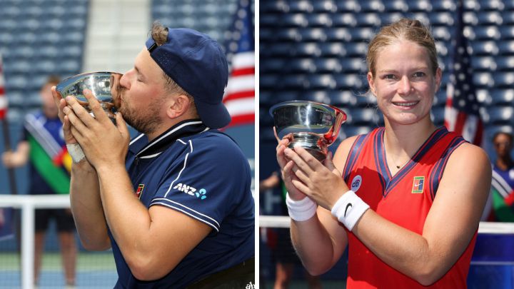 Dylan Alcott and Diede De Groot pose with the title of champions of the US Open, which has allowed them to complete the Golden Slam in wheelchair tennis after having won the Grand Slam of Open Australia, Roland Garros and Wimbledon and the gold medal in the Tokyo 2020 Paralympic Games.