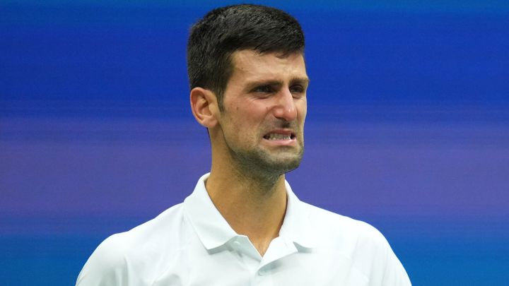 Novak Djokovic cries during his match against Daniil Medvedev in the men's final of the 2021 US Open at the USTA Billie Jean King National Tennis Center in New York.