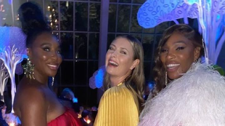 Maria Sharapova poses with Venus Williams and Serena Williams at the MET Gala party in New York.