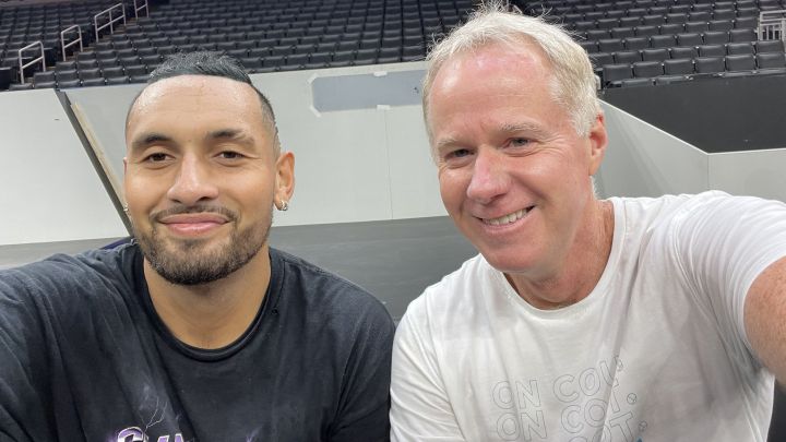 Nick Kyrgios and Patrick McEnroe take a selfie during the World Team's first Laver Cup practice session at Boston's TD Garden.