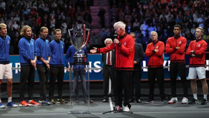 The Captain of the Rest of the World team, John McEnroe, speaks during the trophy presentation of the fourth edition of the Laver Cup.