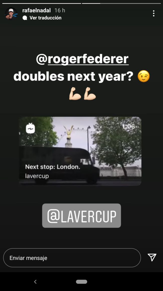 Rafa Nadal's story on Instagram in which he suggests Roger Federer to play together again in doubles at the 2022 Laver Cup.