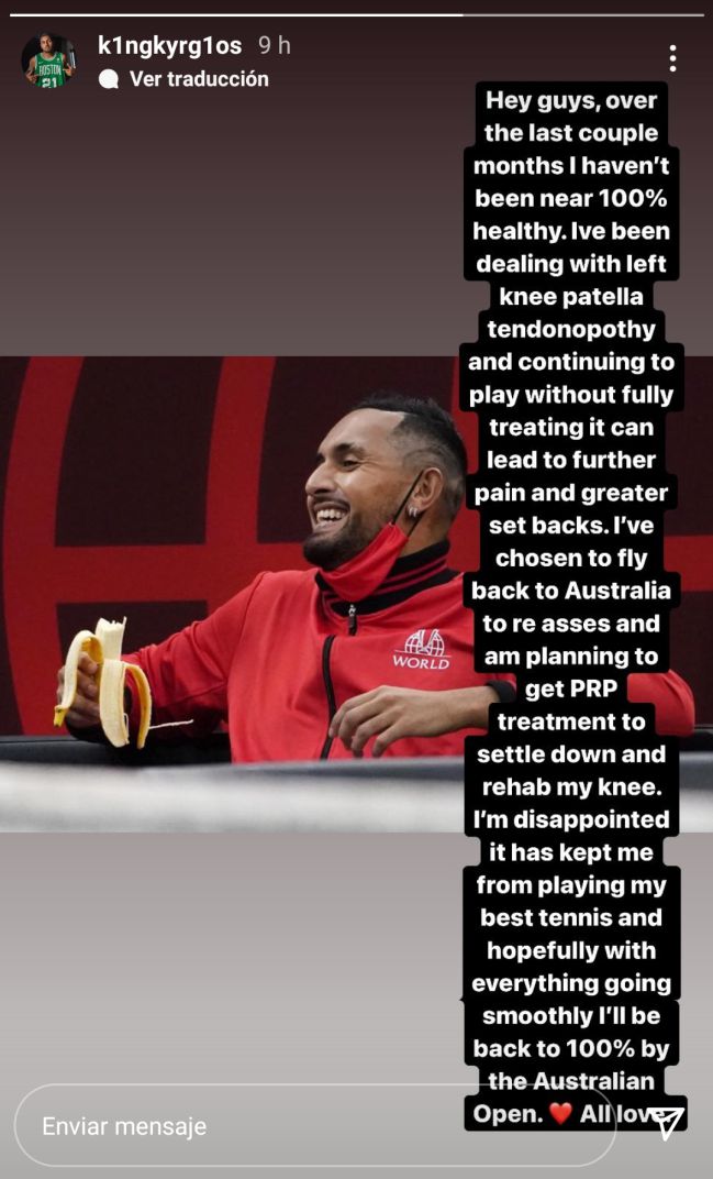 Nick Kyrgios' story in which he announces that he will undergo PRP treatment for a knee injury.