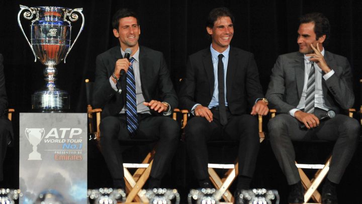 Novak Djokovic, Rafa Nadal and Roger Federer applaud during an ATP Heritage Celebration event at the Waldorf Astoria in New York in 2013.