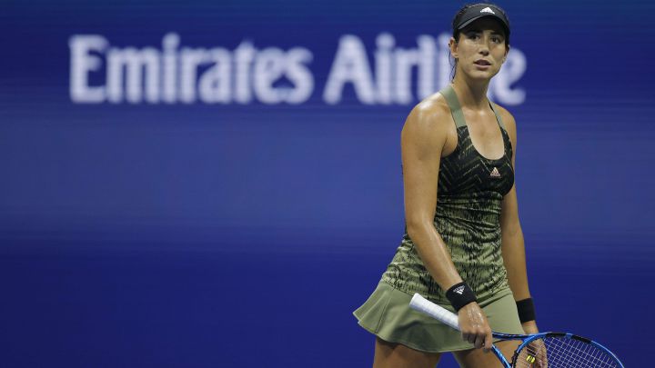 Garbiñe Muguruza reacts during her match against Barbora Krejcikova in the round of 16 of the US Open at the USTA Billie Jean King National Tennis Center in New York.