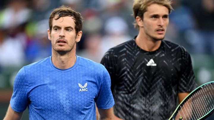 Andy Murray leaves the court after greeting Alexander Zverev after his loss at the BNP Paribas Open, the Indian Wells Masters 1,000 at the Indian Wells Tennis Garden.