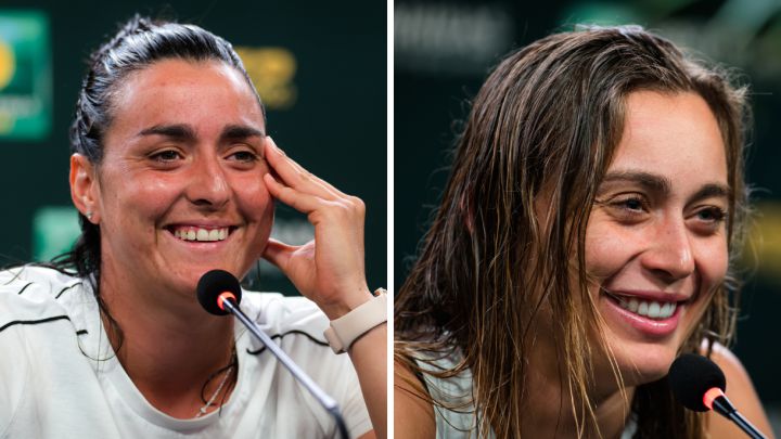 Ons Jabeur and Paula Badosa appear at a press conference after winning their quarter-final matches at the WTA 1,000 in Indian Wells.
