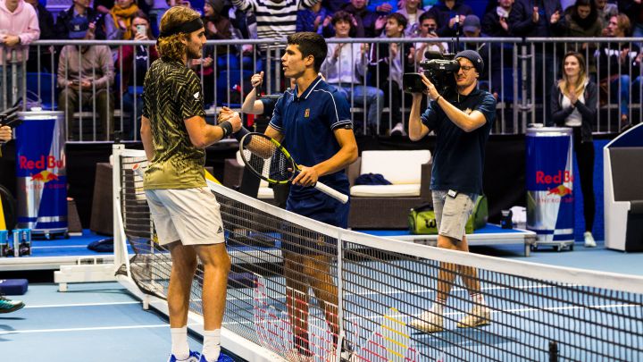 Stefanos Tsitsipas and Carlos Alcaraz at the Red Bull BassLine in Vienna, Austria on October 22, 2021 // SI202110221208 // Usage for editorial use only // 