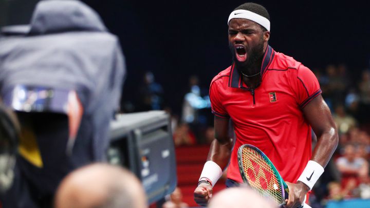 Frances Tiafoe celebrates a point during her semi-final match against Jannik Sinner at the ATP 500 Vienna.