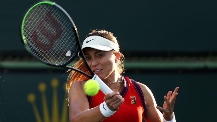 Spanish tennis player Paula Badosa returns a ball during her match against Dayana Yastremska at the BNP Paribas Open, the Indian Wells WTA 1,000, at the Indian Wells Tennis Garden in Indian Wells, California.