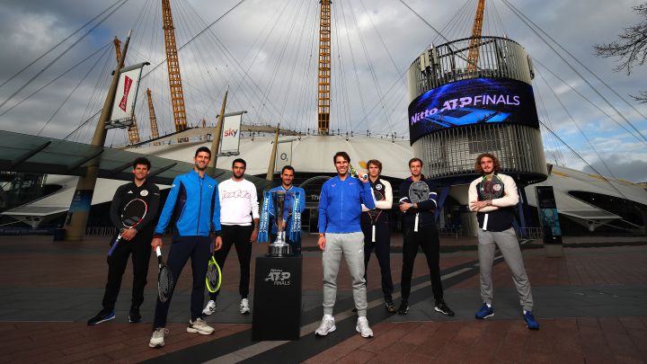 Dominic Thiem, Novak Djokovic, Matteo Berrettini, Roger Federer, Rafa Nadal, Alexander Zverev, Daniil Medvedev and Stefanos Tsitsipas pose in the family photo prior to the Nitto ATP Finals in London 2019.