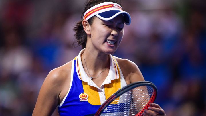 Chinese tennis player Peng Shuai reacts during her match against Coco Vandeweghe at the 2017 Zhuhai Elite Trophy.