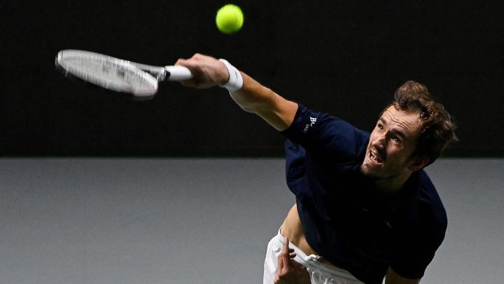 Daniil Medvedev takes off during his match against Marin Cilic in the Davis Cup final between the Russian Tennis Federation and Croatia at the Madrid Arena in Madrid.