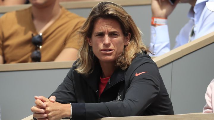 Former French tennis player Amelie Mauresmo, during her pupil Lucas Pouille's match against Martin Klizan at Roland Garros in 2019.
