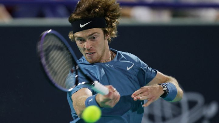 Andrey Rublev hits the ball at the Mubadala World Tennis Championship.