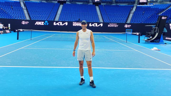Spanish tennis player Rafa Nadal poses on one of the courts at Melbourne Park, the venue for the Australian Open.