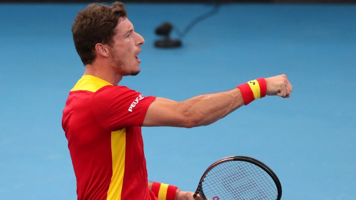 Tennis - ATP Cup - Sydney Olympic Park, Sydney, Australia - January 1, 2022 Spain's Pablo Carreno celebrates winning his group stage match against Chile's Alejandro Tabilo REUTERS / Asanka Brendon Ratnayake