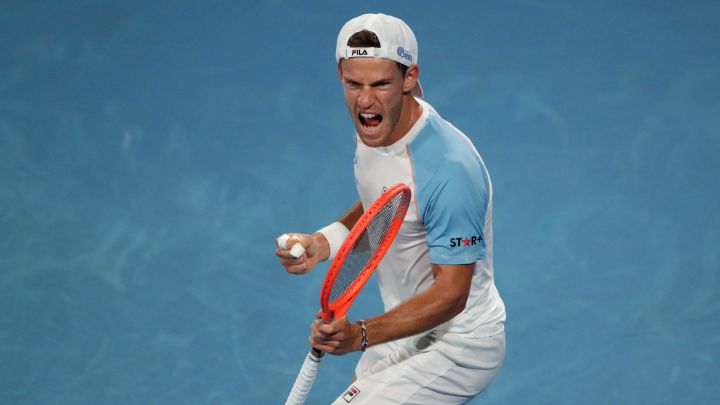 Argentine tennis player Diego Schwartzman celebrates a point during his match against Stefanos Tsitsipas in the tie between Argentina and Greece in the ATP Cup.